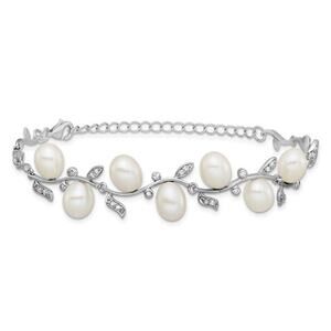 Sterling Silver Rhodium-Plated Pearl & CZ Leaf Bracelet (7” + 1” Extender)
